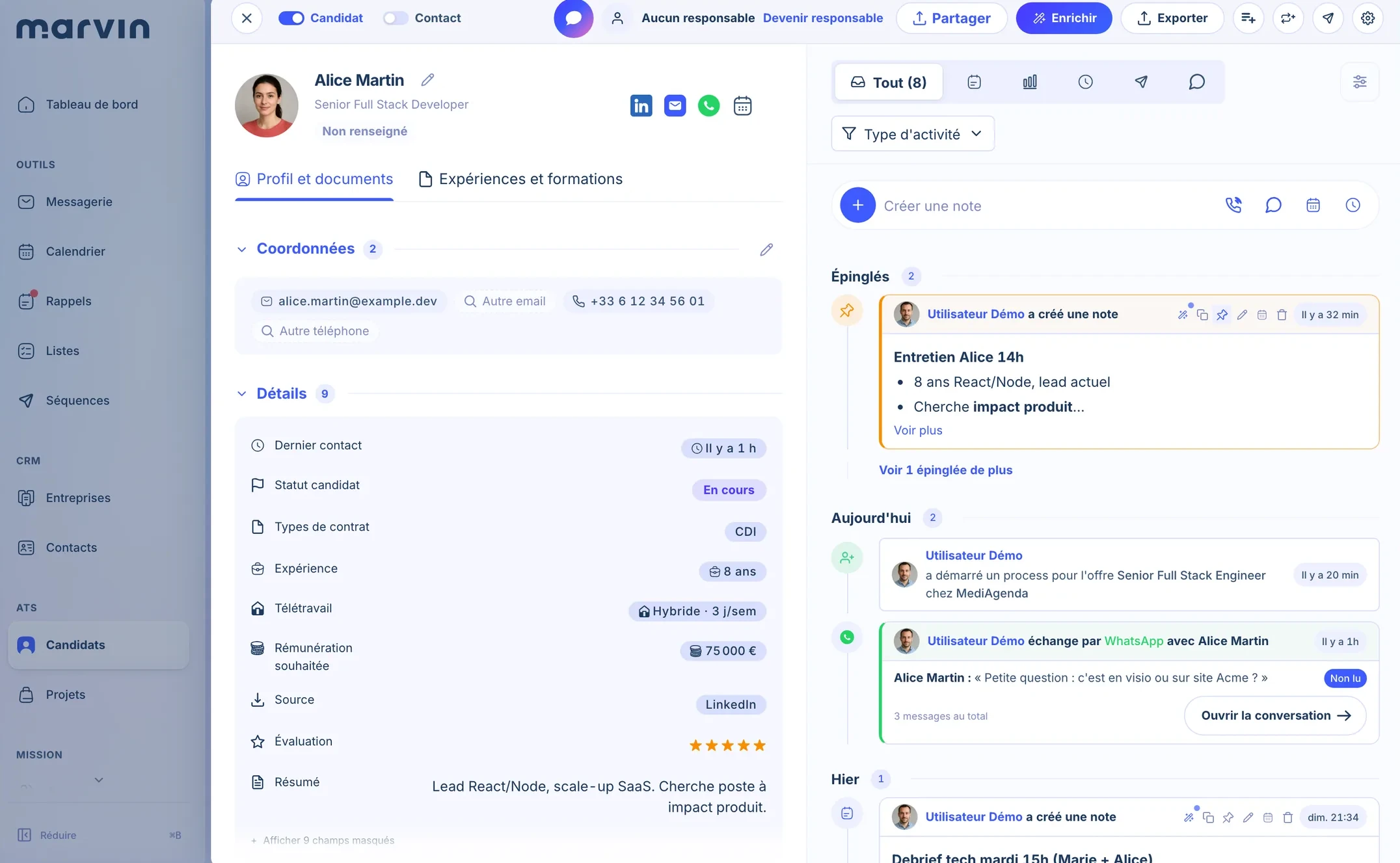 Ficha de candidato en Marvin Desk, con sus datos y el hilo de notas y conversaciones