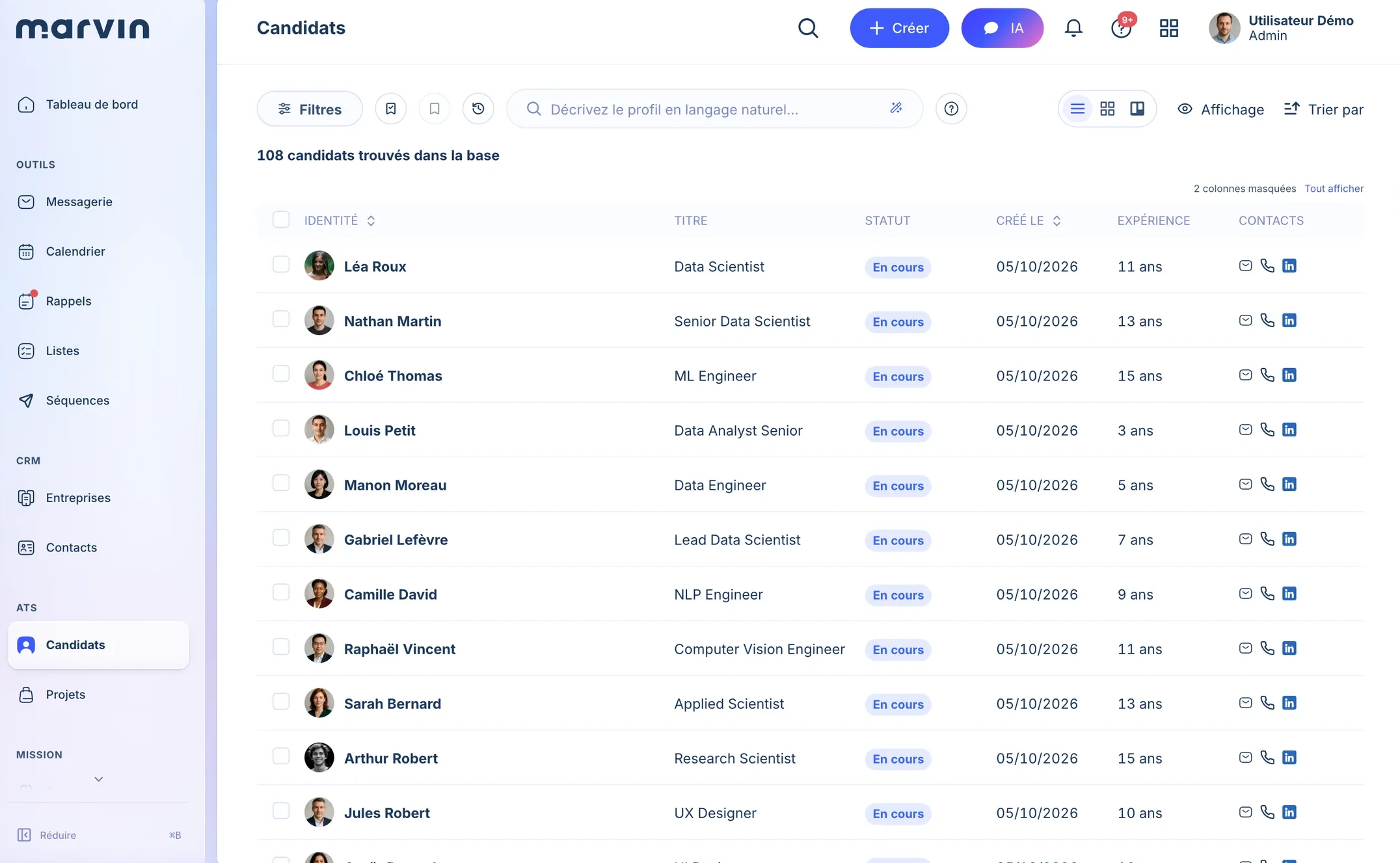 Lista de candidatos en Marvin Desk, con puesto, estado, experiencia y datos de contacto